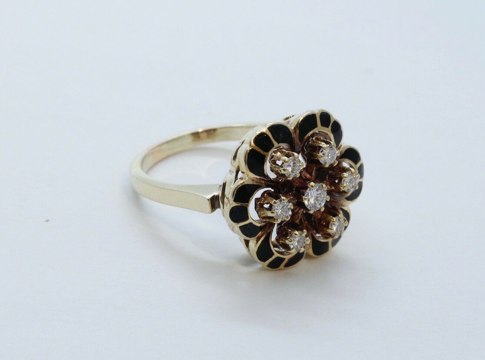 Victorian Diamonds 14K Yellow Gold Black Enamel Ring