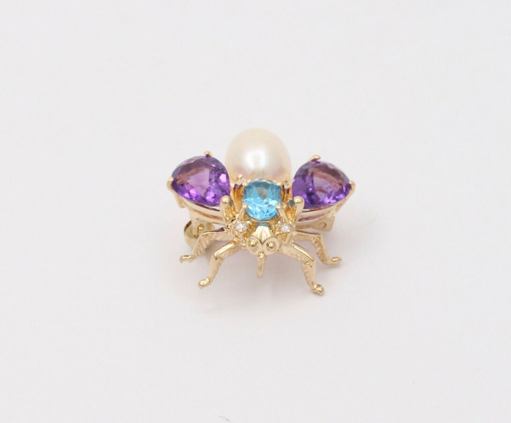 Vintage Amethyst London Blue Topaz Pearl 14K YG Honey Bee Brooch Pin
