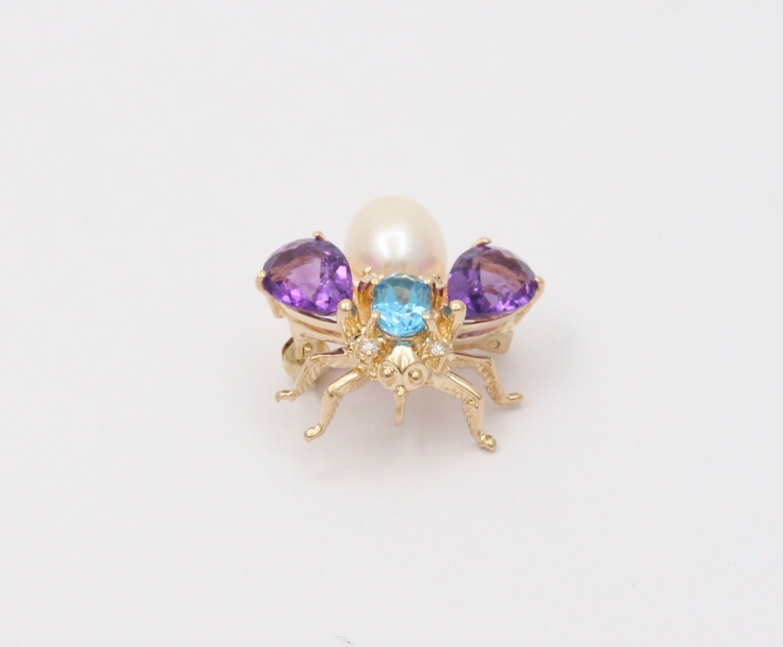 Vintage Amethyst London Blue Topaz Pearl 14K YG Honey Bee Brooch Pin