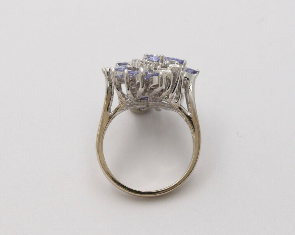 Vintage Tanzanite Diamonds 14K White Gold Pinwheel Cluster Ring
