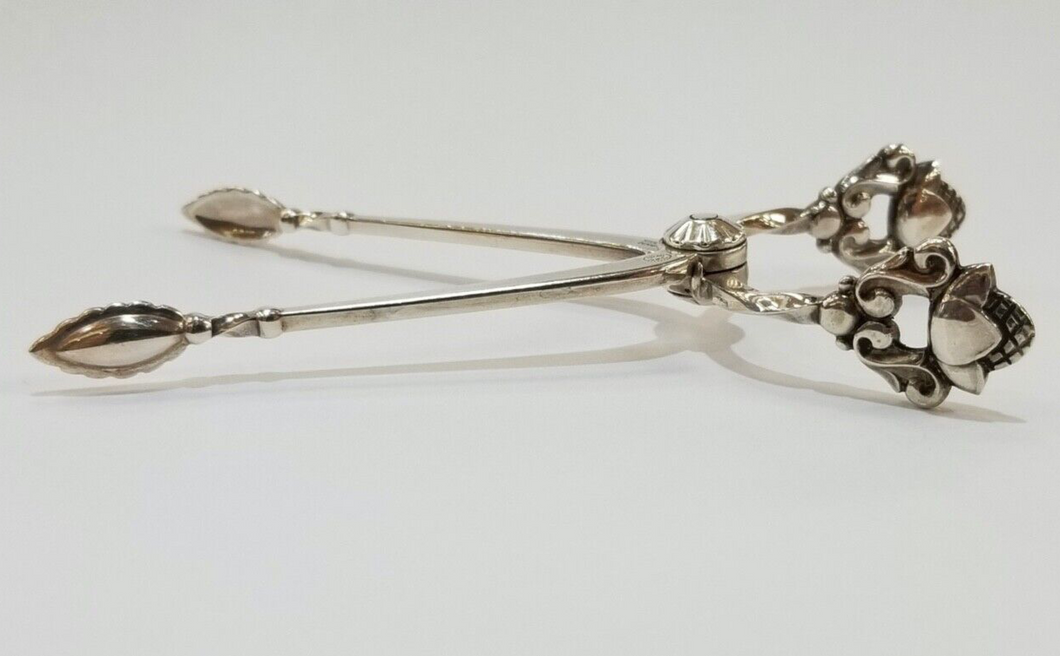 Antique Georg Jensen Flower Scrollwork Sterling Silver Sugar Cube Tongs