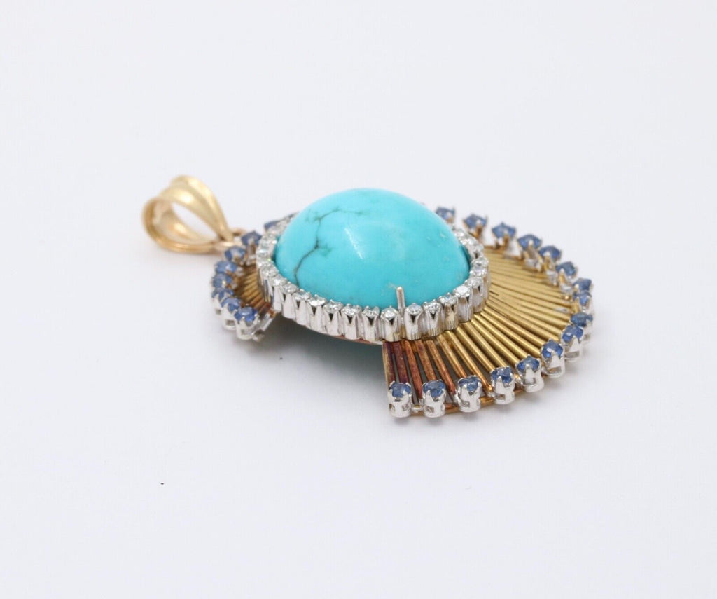 Funky Vintage 18K Yellow Gold Large Turquoise, Sapphire and Diamond Pendant