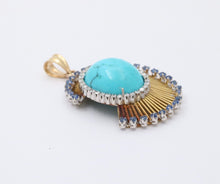 Load image into Gallery viewer, Funky Vintage 18K Yellow Gold Large Turquoise, Sapphire and Diamond Pendant
