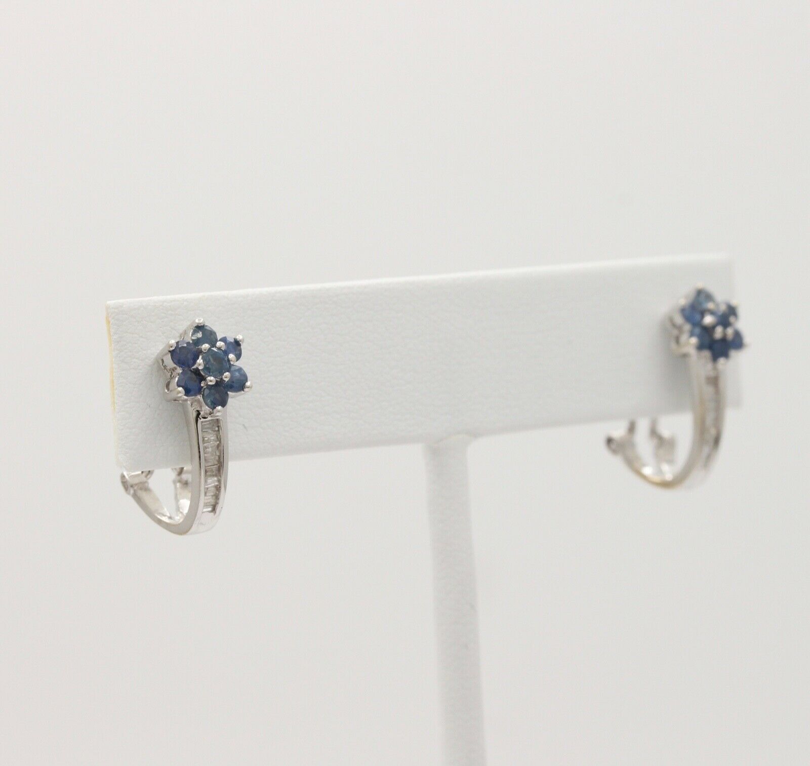 Vintage Flower Blue Sapphires Baguette Diamonds 14K White Gold Earrings