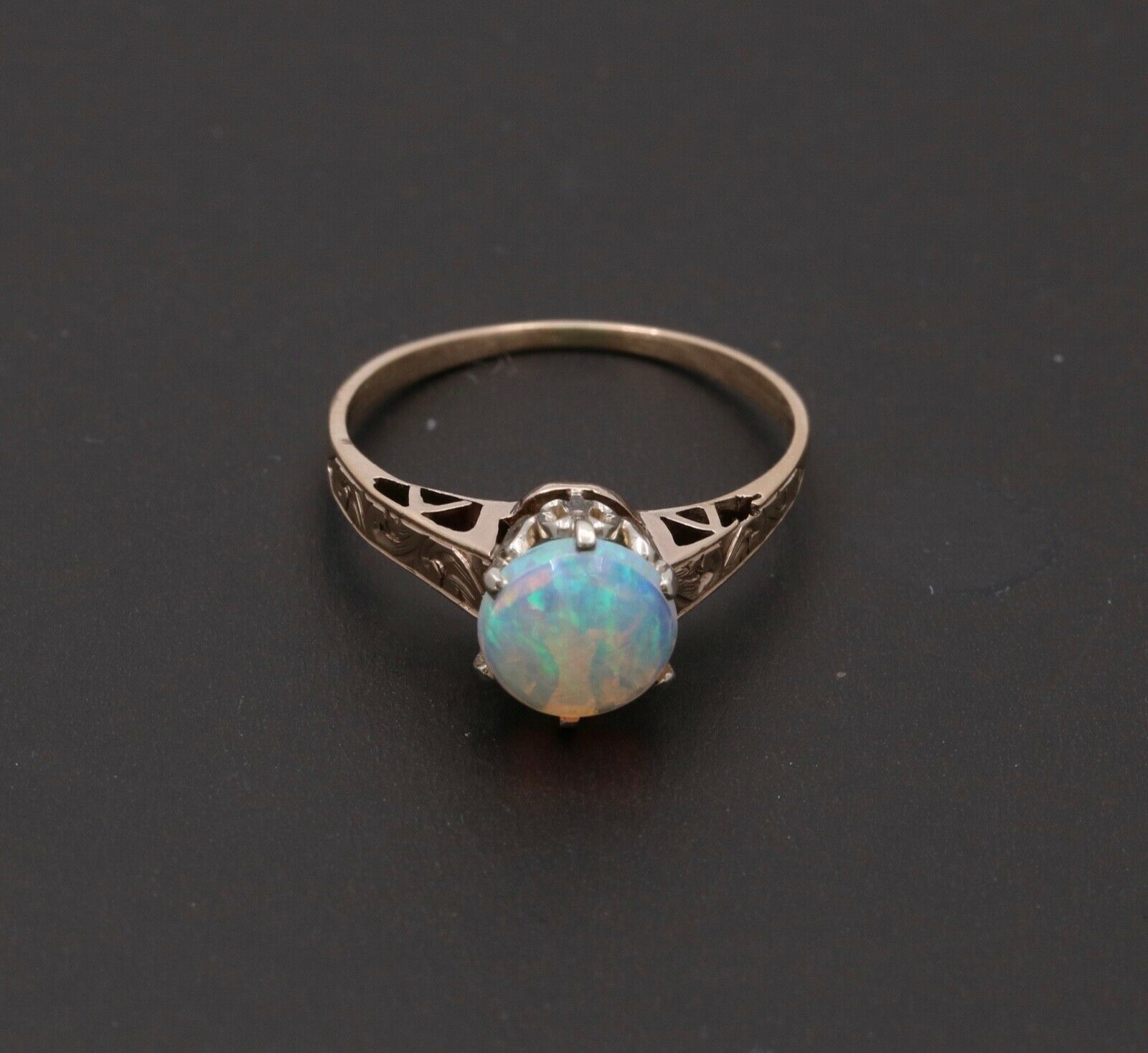 Art Deco Watery Translucent Opal 10K Yellow Gold Ring