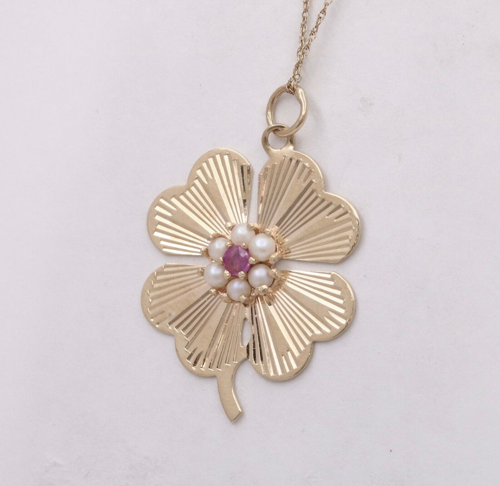 Vintage 14K Yellow Gold Four Leaf Clover Pearl & Ruby Charm Pendant