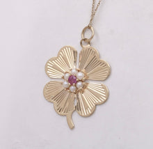 Load image into Gallery viewer, Vintage 14K Yellow Gold Four Leaf Clover Pearl &amp; Ruby Charm Pendant
