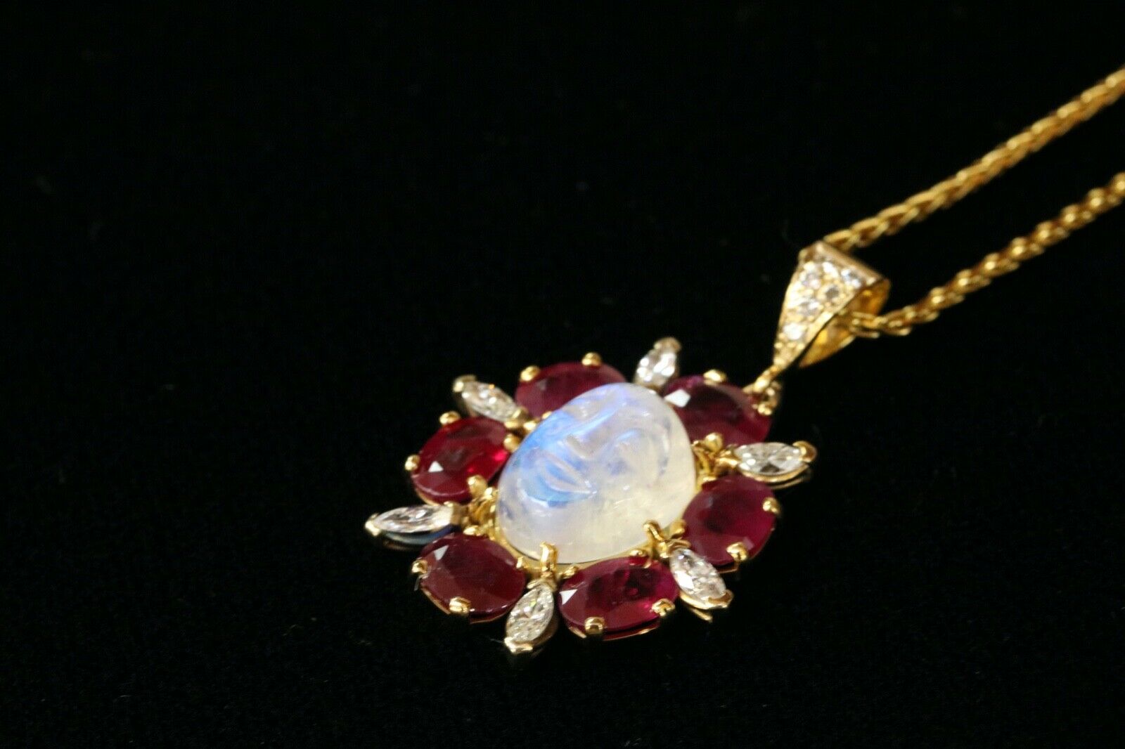 Vintage Man on the Moon Moonstone Rubies Diamonds Gold Over Silver Pendant