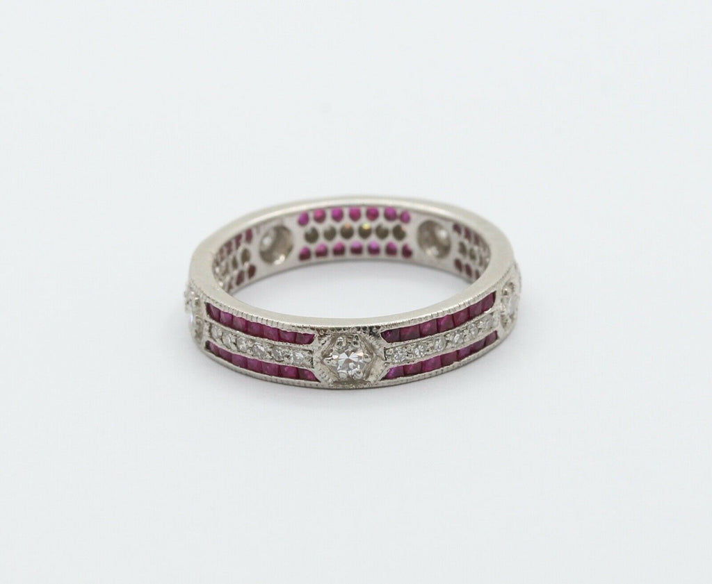 Ladies 18K White Gold Diamonds Rubies Stacking Eternity Band