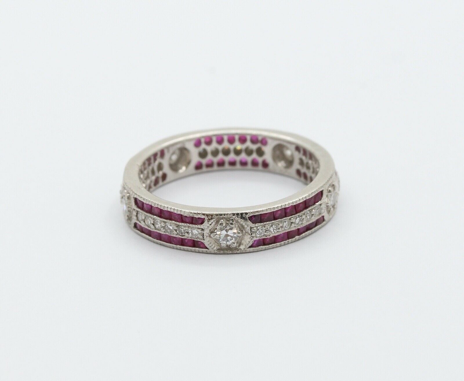 Ladies 18K White Gold Diamonds Rubies Stacking Eternity Band