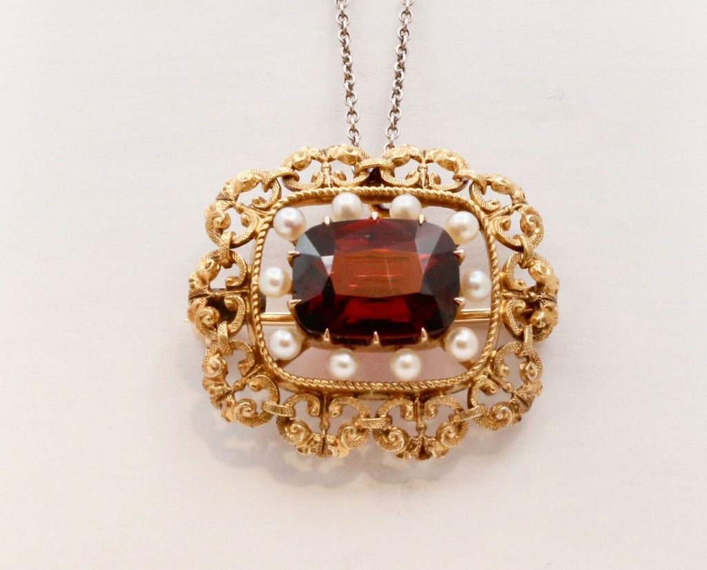 Pristine Victorian Garnet Pearls 14K Yellow Gold Brooch Pin Pendant