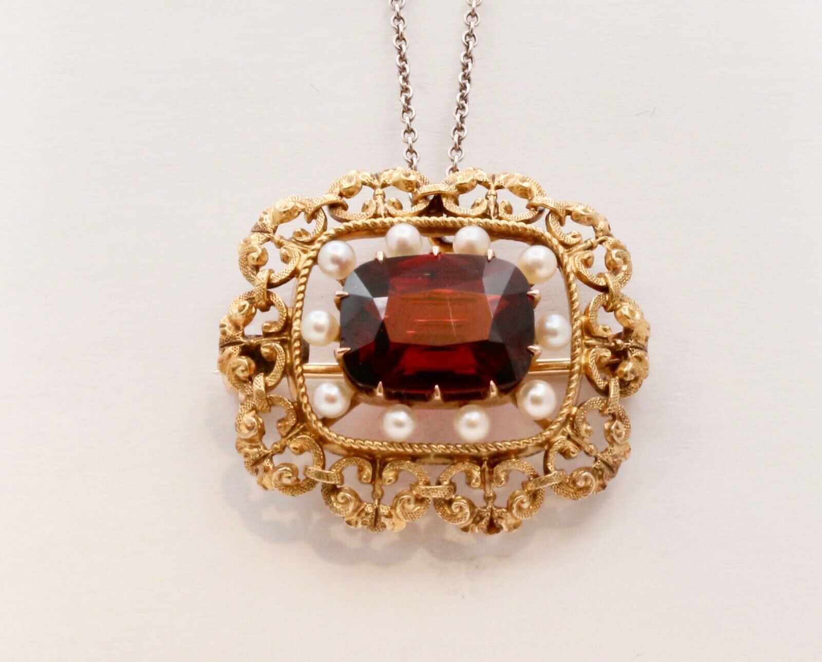 Pristine Victorian Garnet Pearls 14K Yellow Gold Brooch Pin Pendant