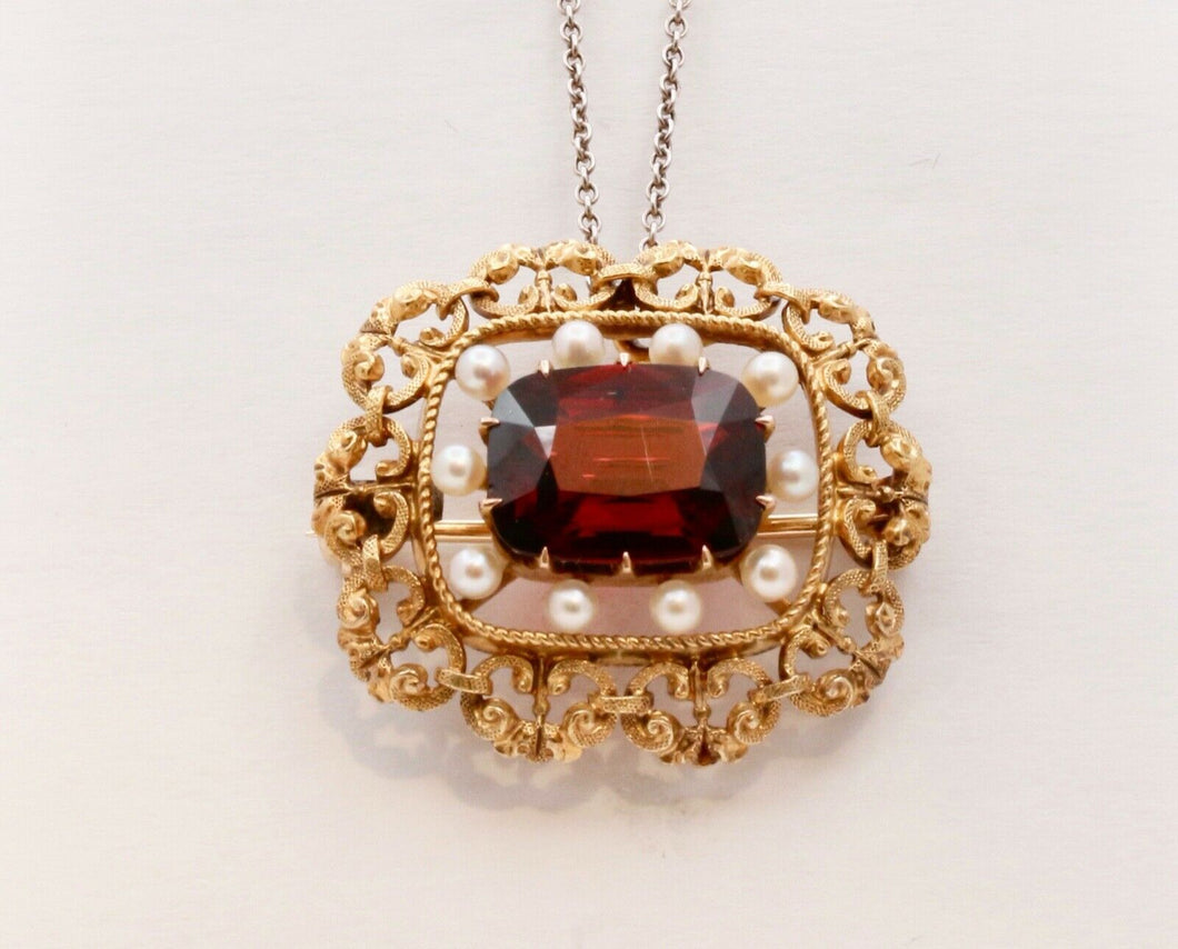 Look!! Pristine Victorian Garnet Pearls 14K Yellow Gold Brooch Pin Pendant