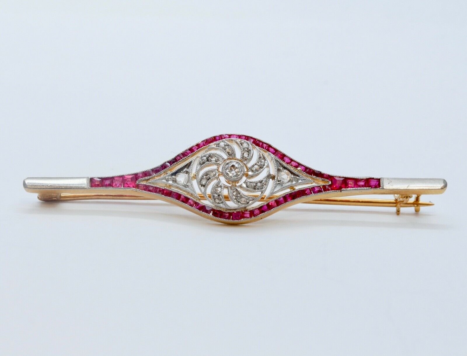 Art Deco Old Minor Rose Cut Diamonds Rubies 18K WG/YG Brooch Pin