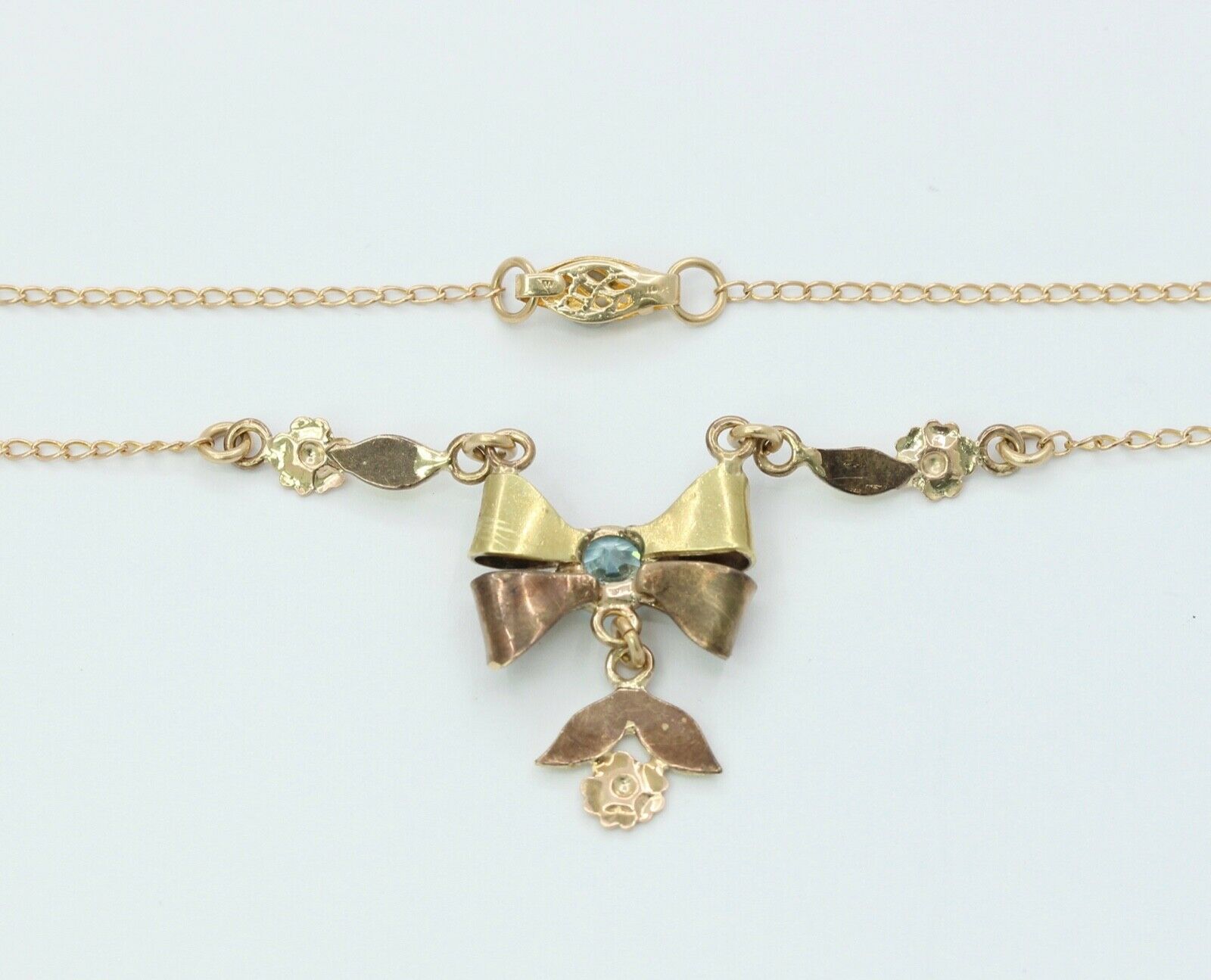 Retro Blue Zircon 10K Rose Yellow Gold Flowers Pendant Chain