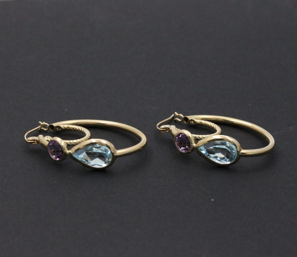 Minimalist 14K Yellow Gold Blue Topaz & Amethyst Huggie Earrings.