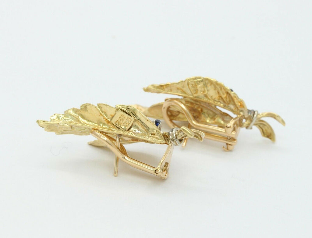 Vintage 18K Yellow Gold Sapphire Leaf Earrings