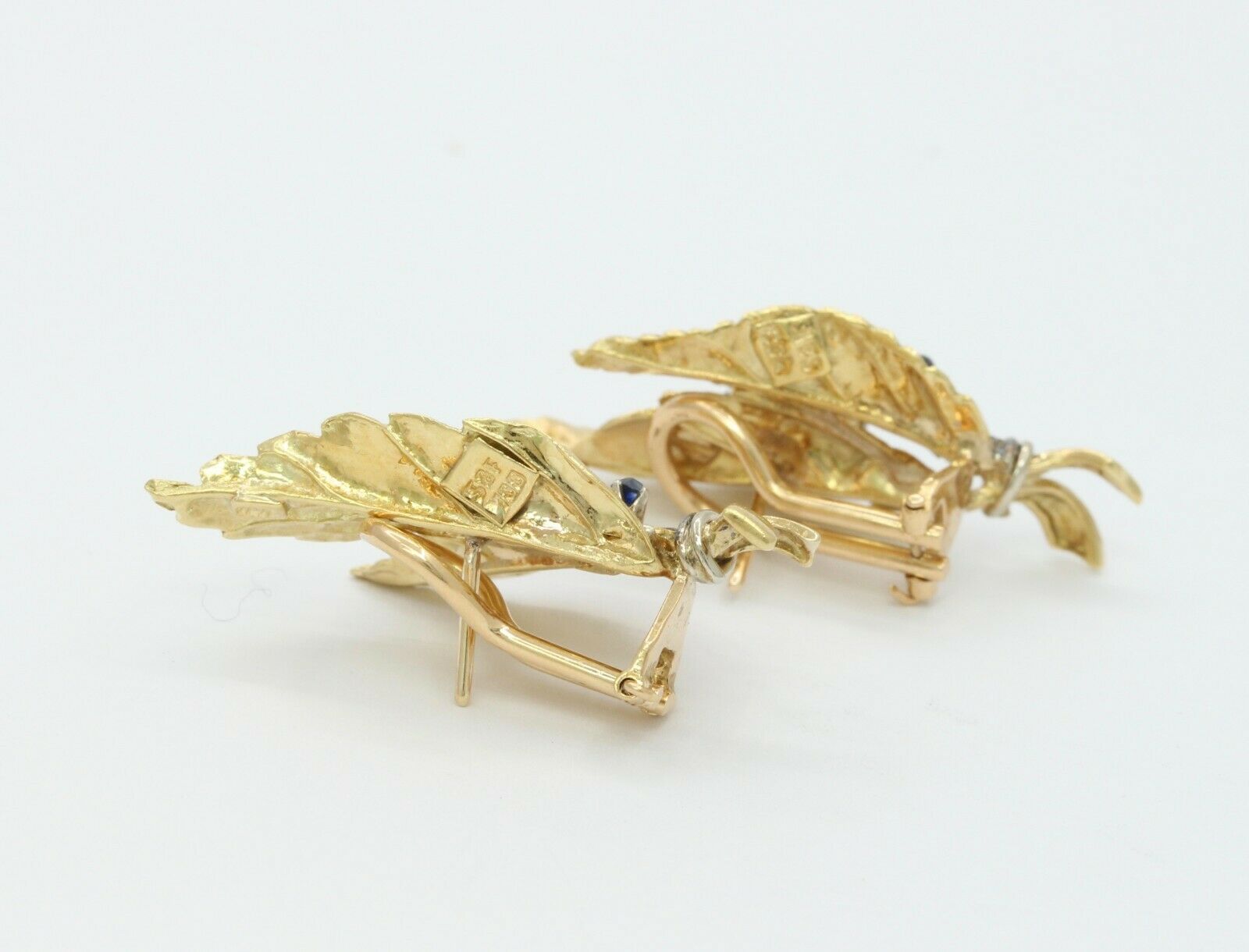 Vintage 18K Yellow Gold Sapphire Leaf Earrings