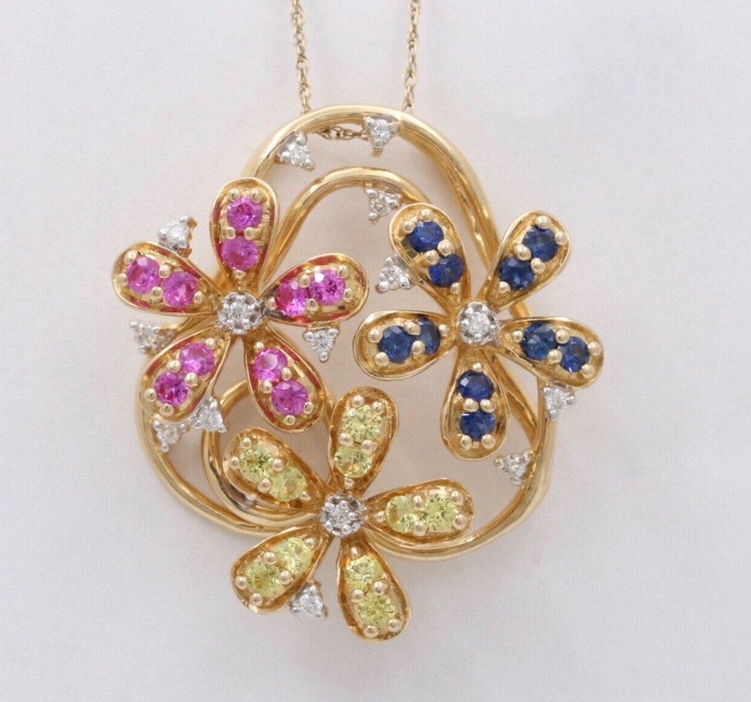 Lovely Multi-Color Sapphire and Diamond 14K Yellow Gold Flower Pendant, Necklace