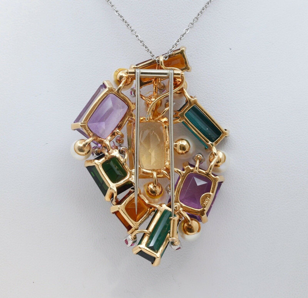 Luxurious Vintage Multi Stone 18K Yellow Gold Pendant Brooch Pin