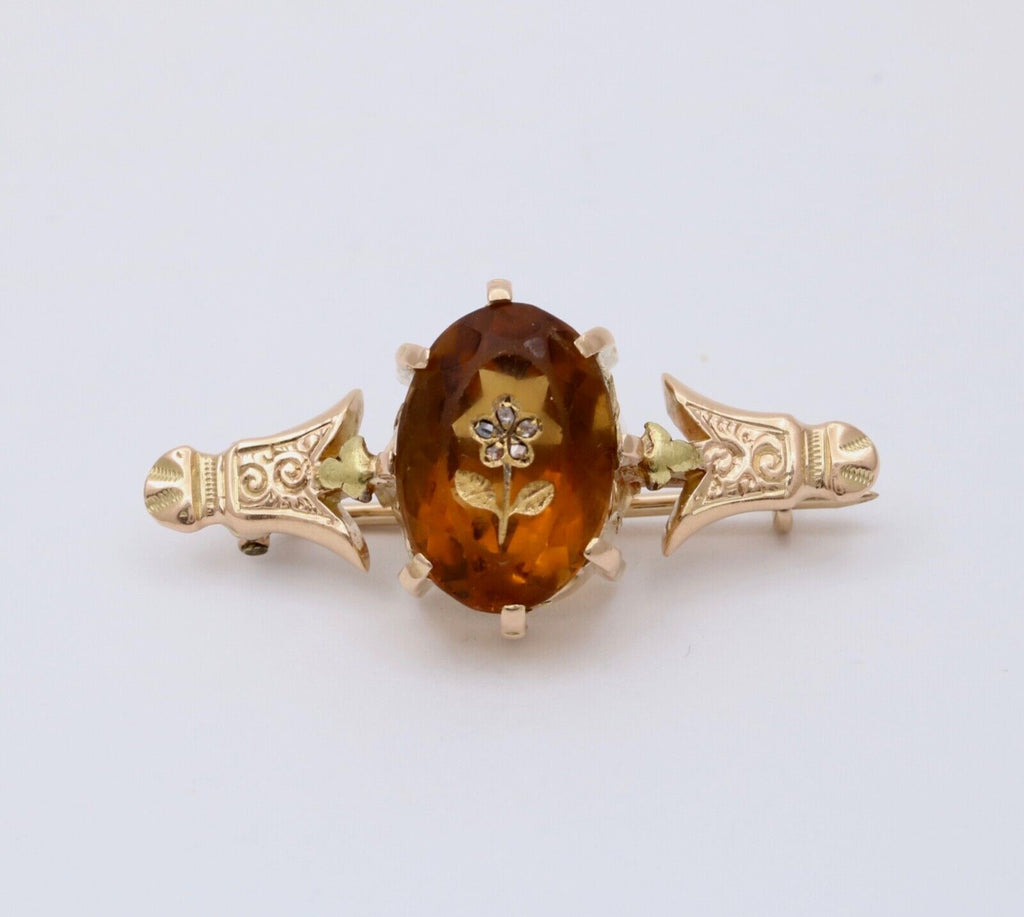 Antique Victorian 14K Yellow Gold Citrine flower Bar Pin.