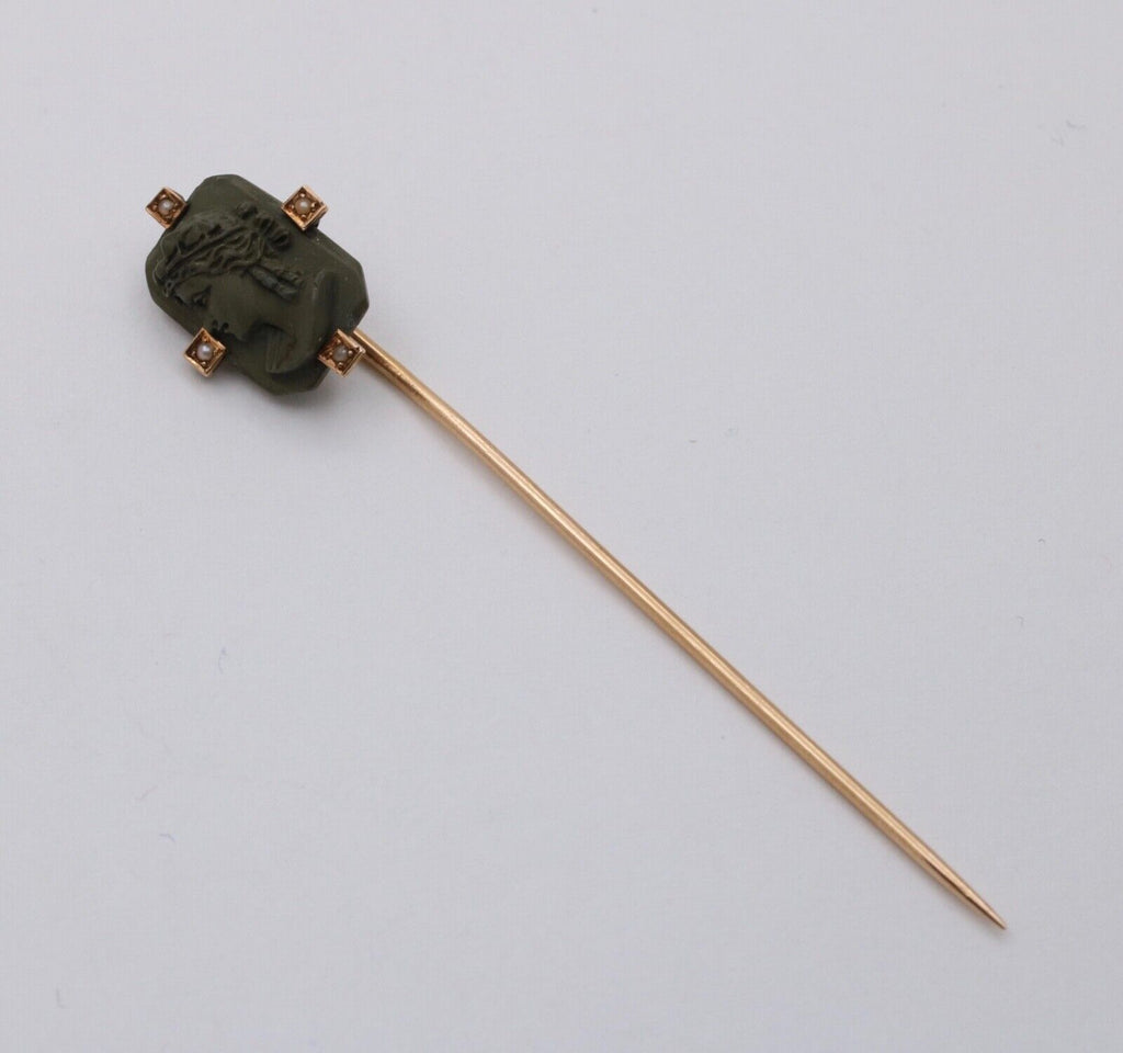 Antique Victorian Grand Tour Lava Curved Woman’s Portrait Stick Pin, Lapel Pin