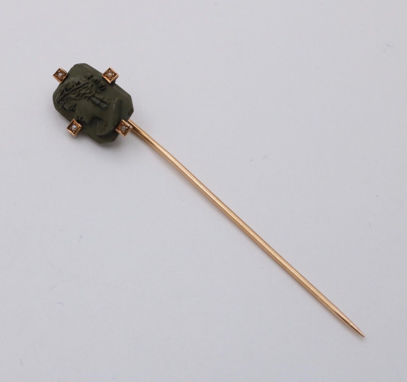 Antique Victorian Grand Tour Lava Curved Woman’s Portrait Stick Pin, Lapel Pin