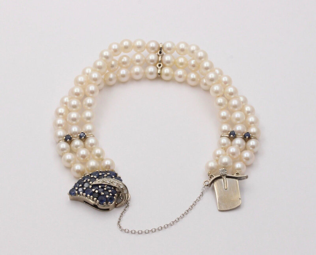 Vintage 3 Strand Beaded Pearl, Sapphire and Diamond Bracelet