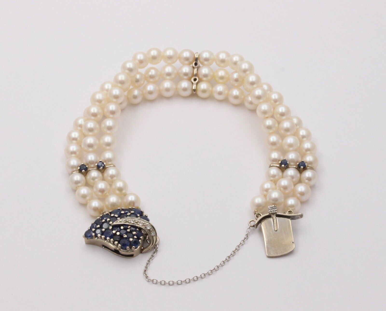 Vintage 3 Strand Beaded Pearl, Sapphire and Diamond Bracelet