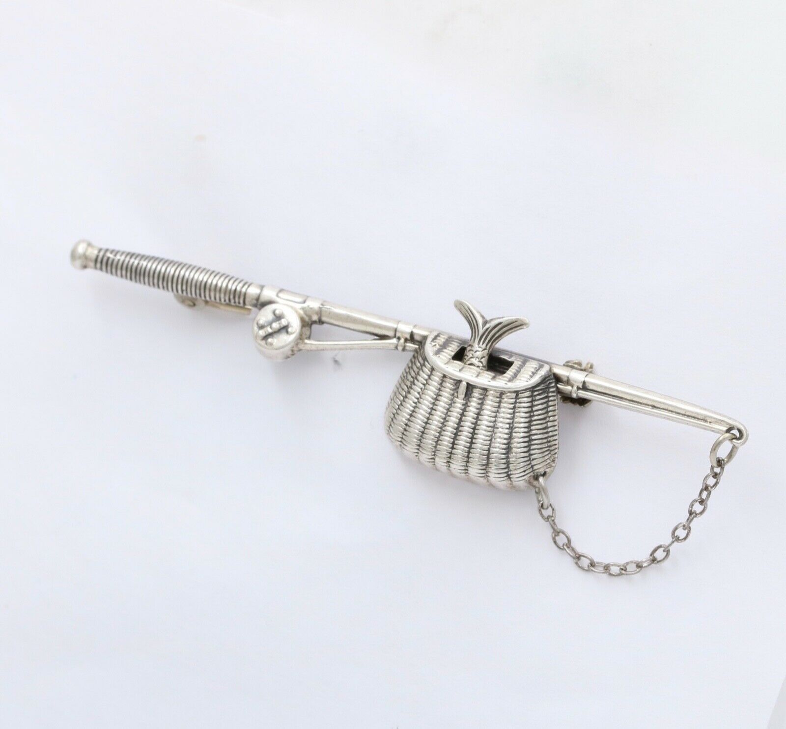 Beau Sterling Silver Fishing Rod and Creel Basket Brooch