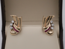 Load image into Gallery viewer, Vintage Retro 14K Yellow Gold Ruby &amp; Diamond Earrings
