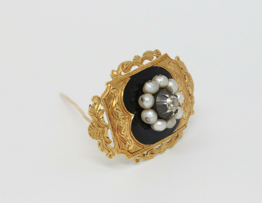Victorian18K Yellow Gold Black Enamel Diamond Pearl brooch