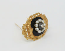 Load image into Gallery viewer, Victorian18K Yellow Gold Black Enamel Diamond Pearl brooch
