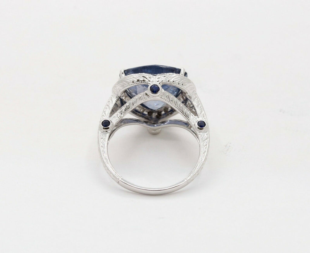 Vintage 18K White Gold Trillion- Cut Sapphire Diamond Halo Ring