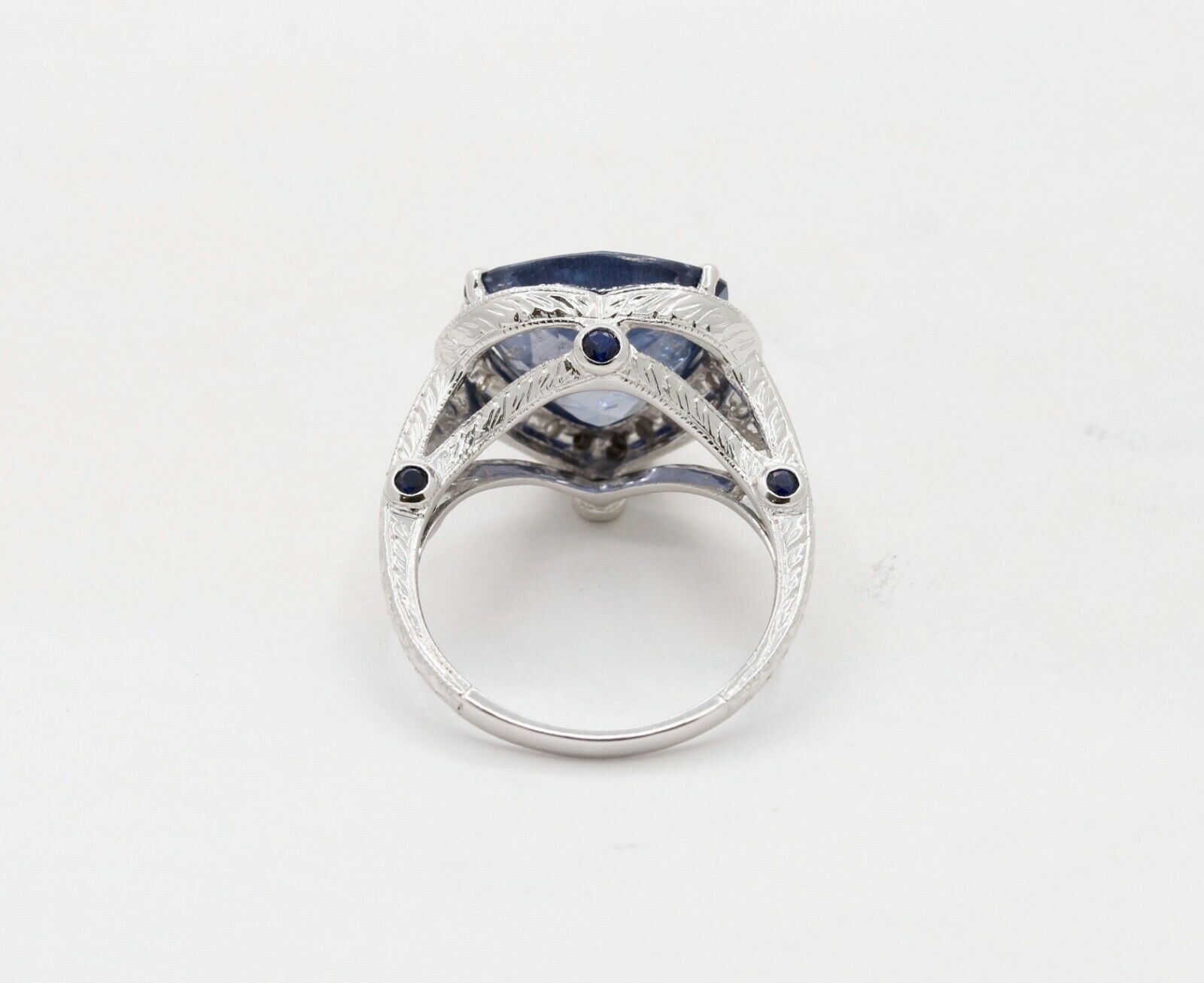 Vintage 18K White Gold Trillion- Cut Sapphire Diamond Halo Ring