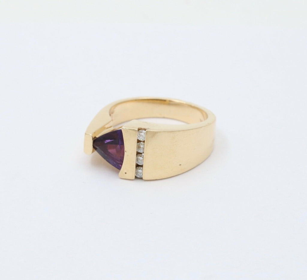 MidCentury 14K Yellow Gold Geometric Siberian Triangle Amethyst Diamond Ring Ban