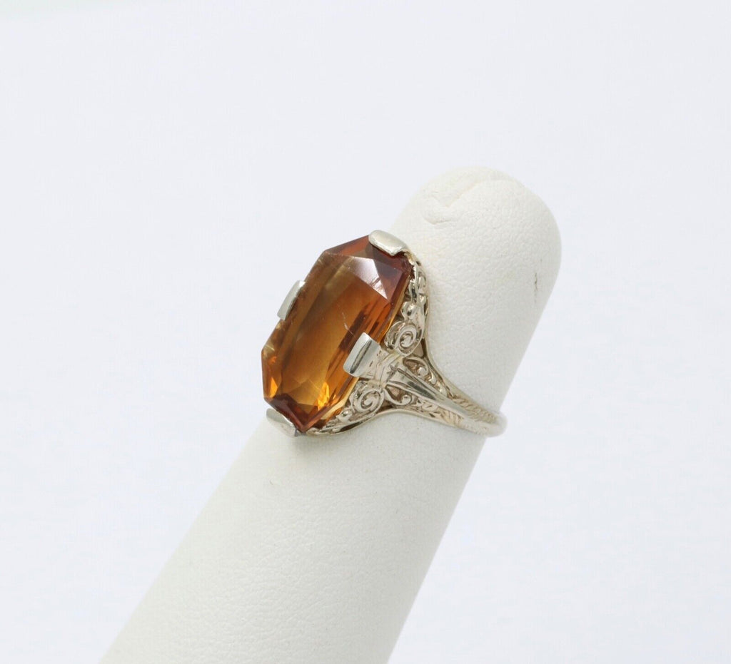 Antique Art Deco Citrine 14K White Gold Filigree Ring, Statement Ring