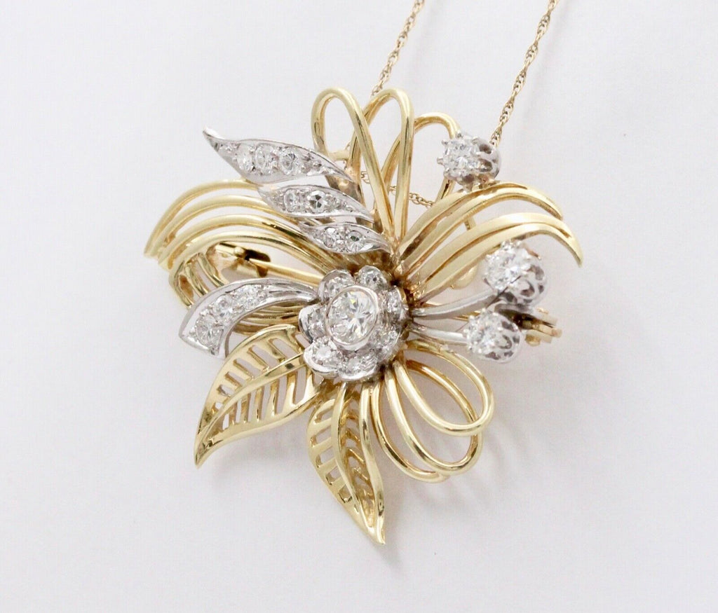 Vintage Flower Diamonds 14K Yellow Gold Pendant Brooch Pin