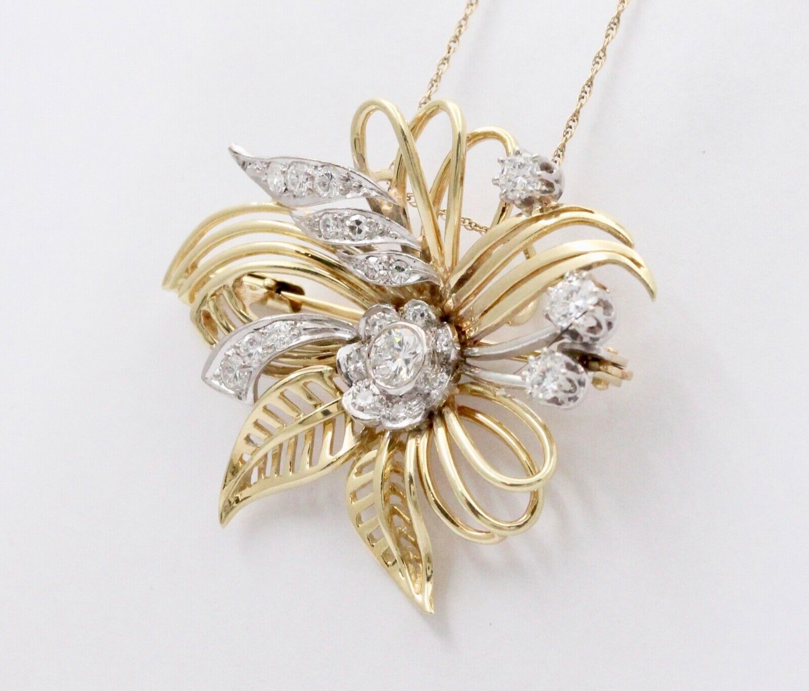 Vintage Flower Diamonds 14K Yellow Gold Pendant Brooch Pin