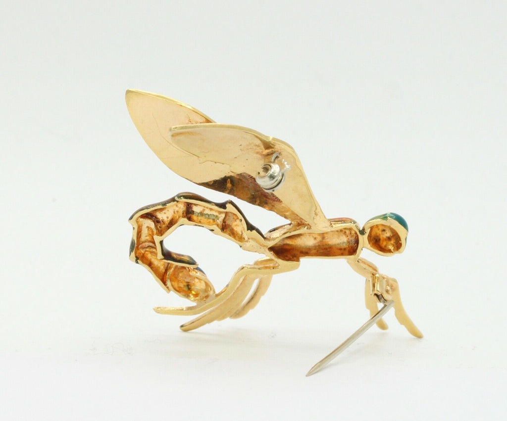 Vintage Italian 18K Yellow Gold Enamel Dragonfly Brooch