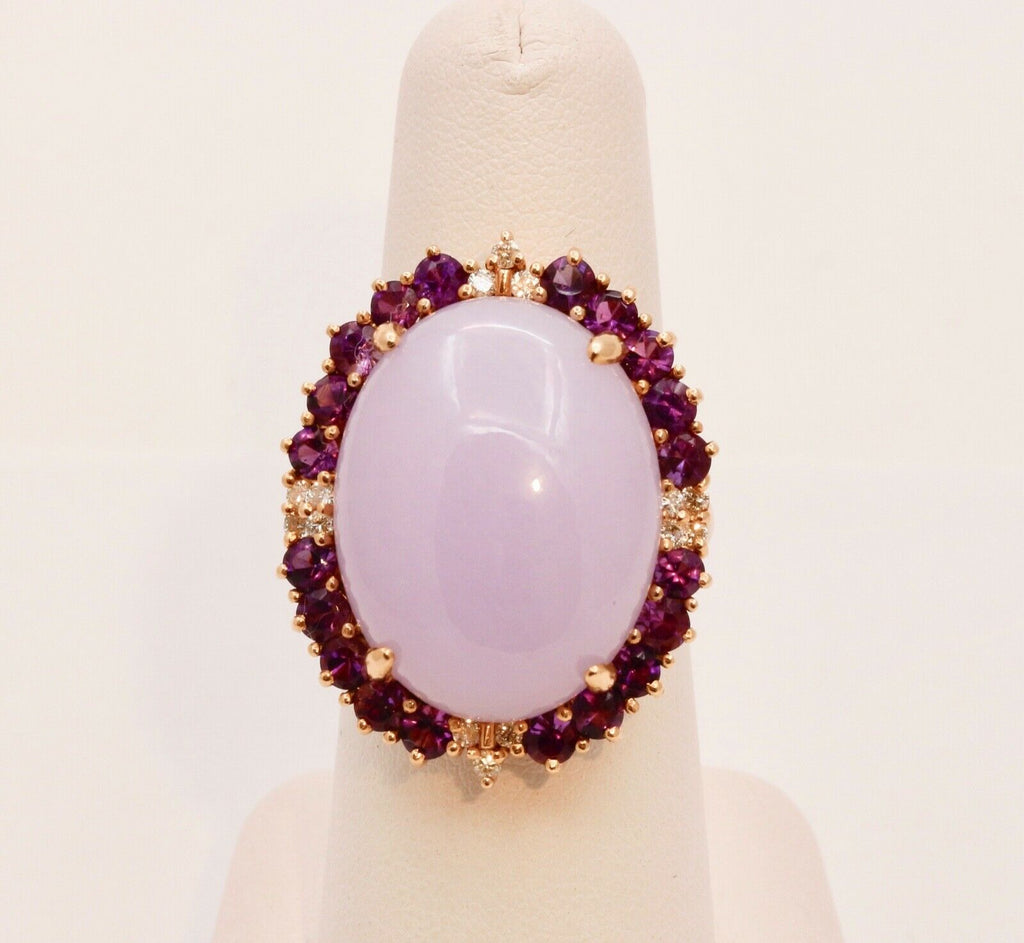 Vintage Statement Lavender Jade Amethyst Diamonds 14K Yellow Gold Ring