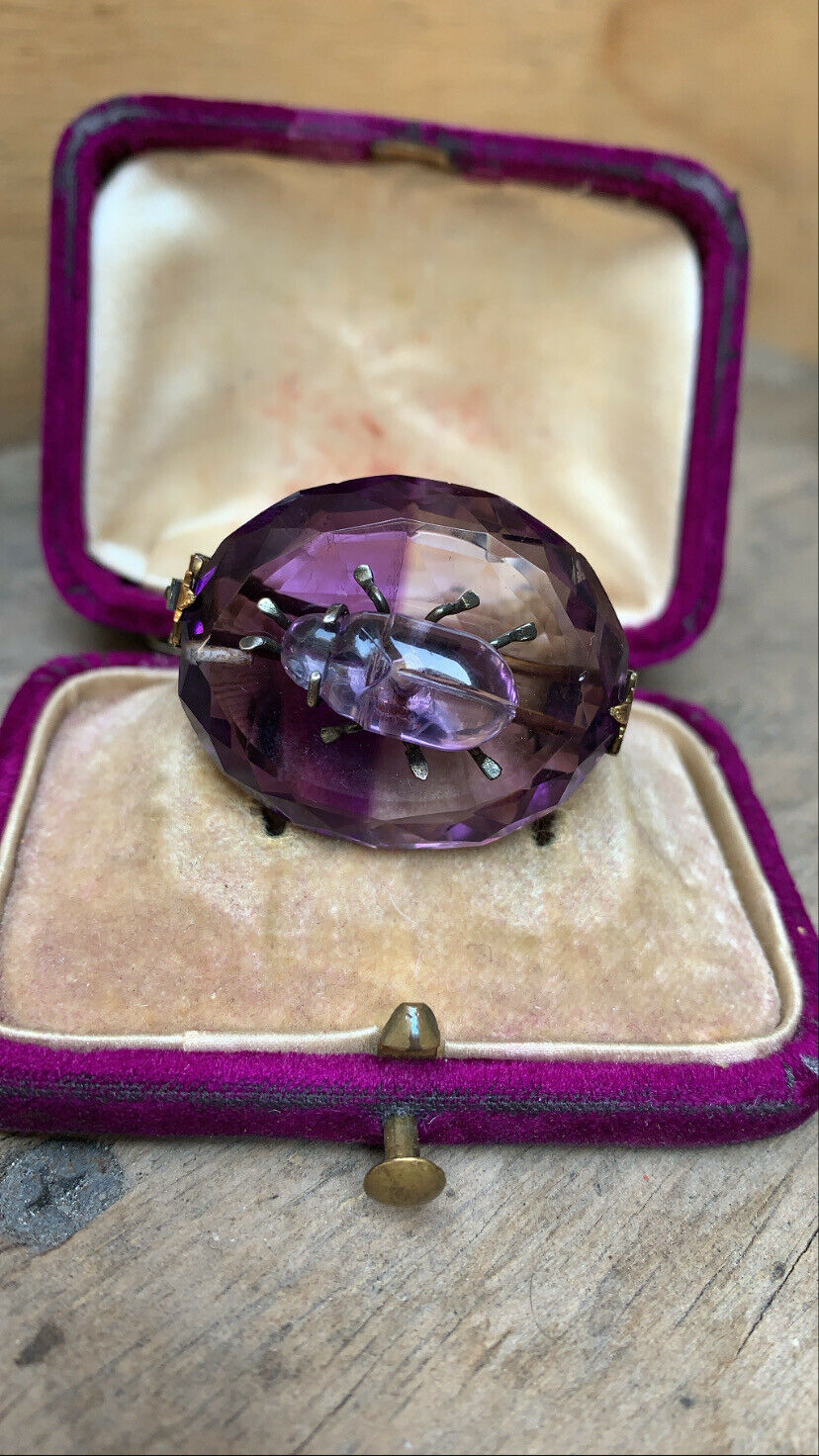 Victorian Scarab Bettle Carved Amethyst 14K yellow Gold Brooch Pin