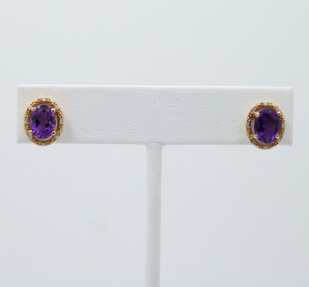Vintage Amethyst Diamond 14K Yellow Gold Earrings Studs