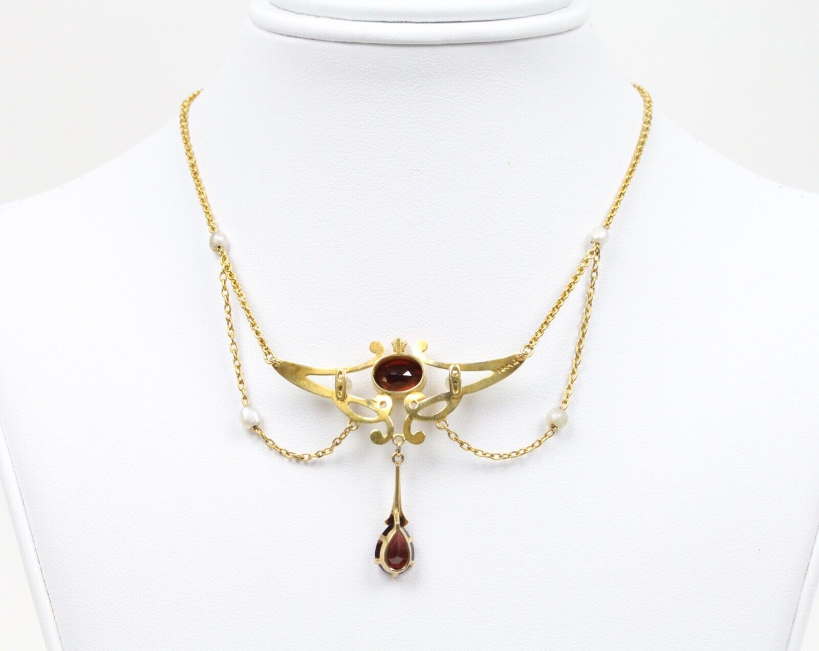 Art Nouveau 14K Yellow Gold Garnet & Pearl Enamel Festoon Necklace.