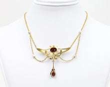 Load image into Gallery viewer, Art Nouveau Pendant Chain Garnet Natural Pearls Diamonds 14K Yellow Gold
