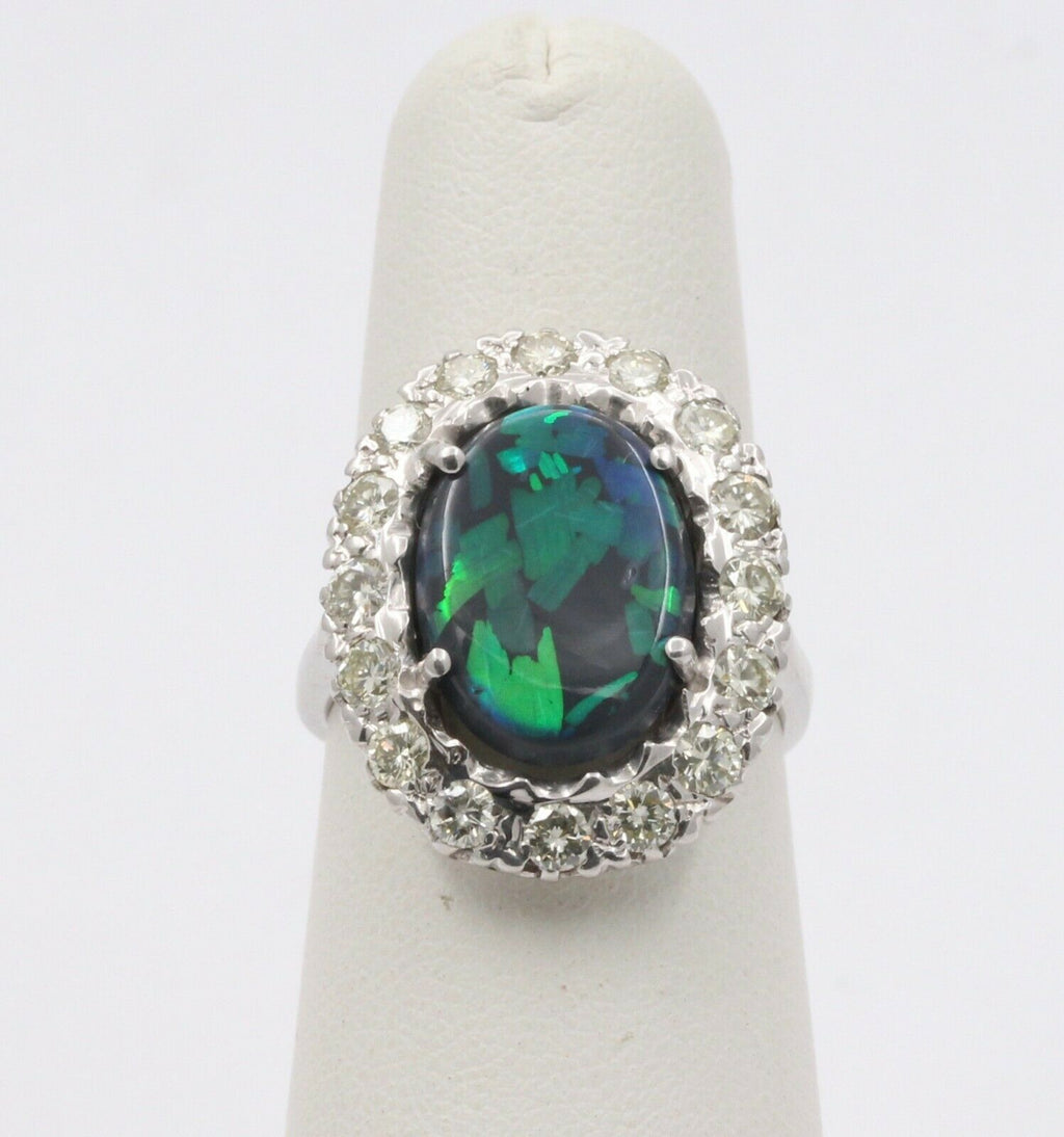 Vintage 14K White Gold Australian Black Opal Diamond Halo Setting Cocktail Ring