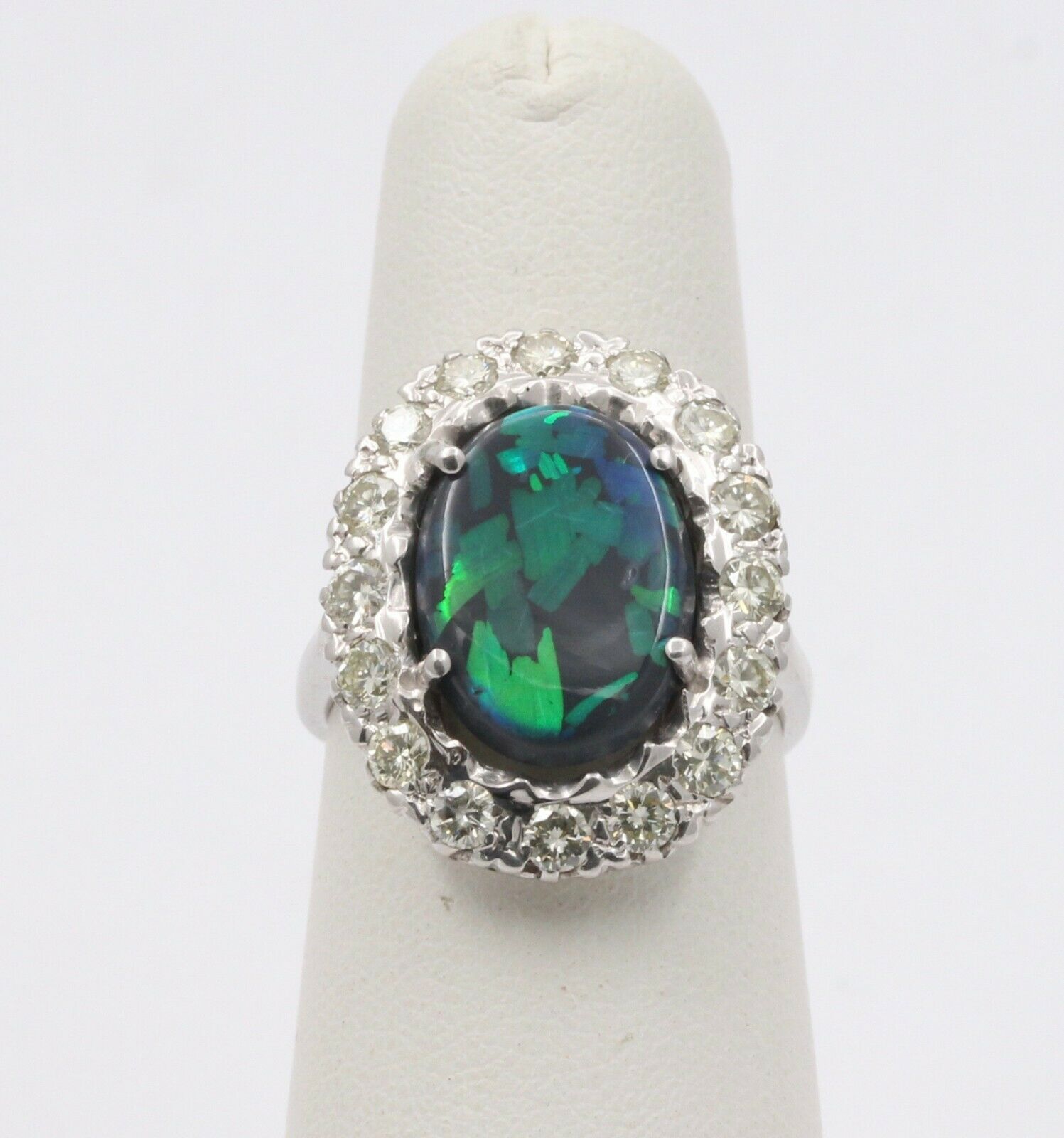 Vintage 14K White Gold Australian Black Opal Diamond Halo Setting Cocktail Ring