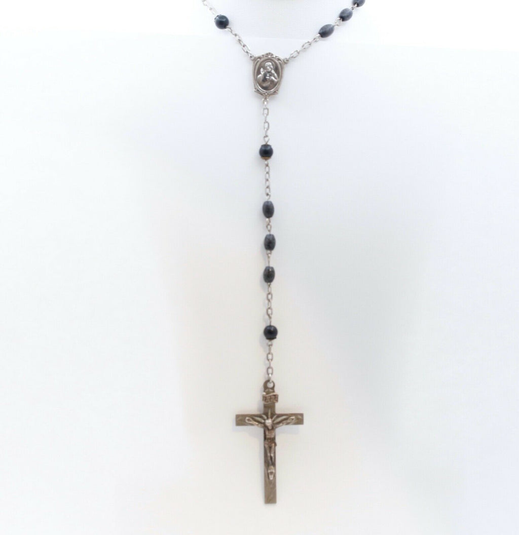 Vintage Sterling Silver Wood Beads Rosary