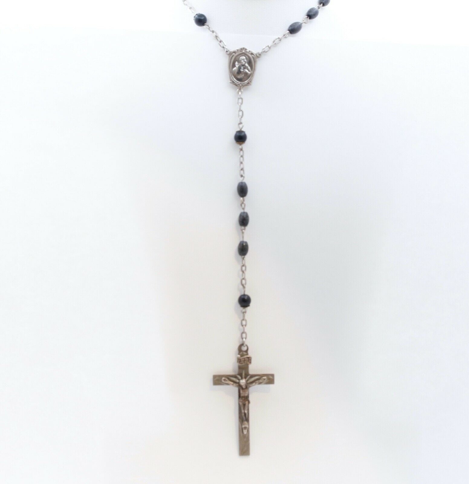 Vintage Sterling Silver Wood Beads Rosary