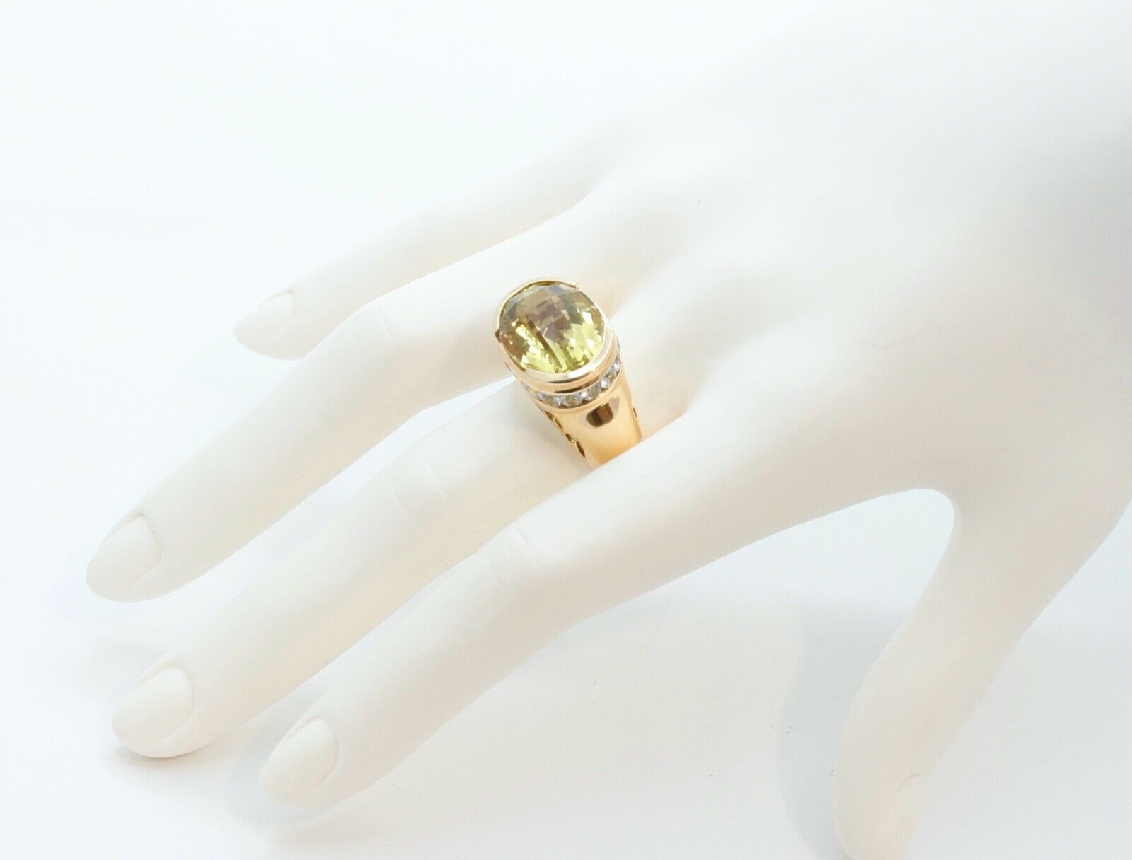 Large Statement Ladies Lemon Green Quartz Diamonds 14K Yellow Gold Ring